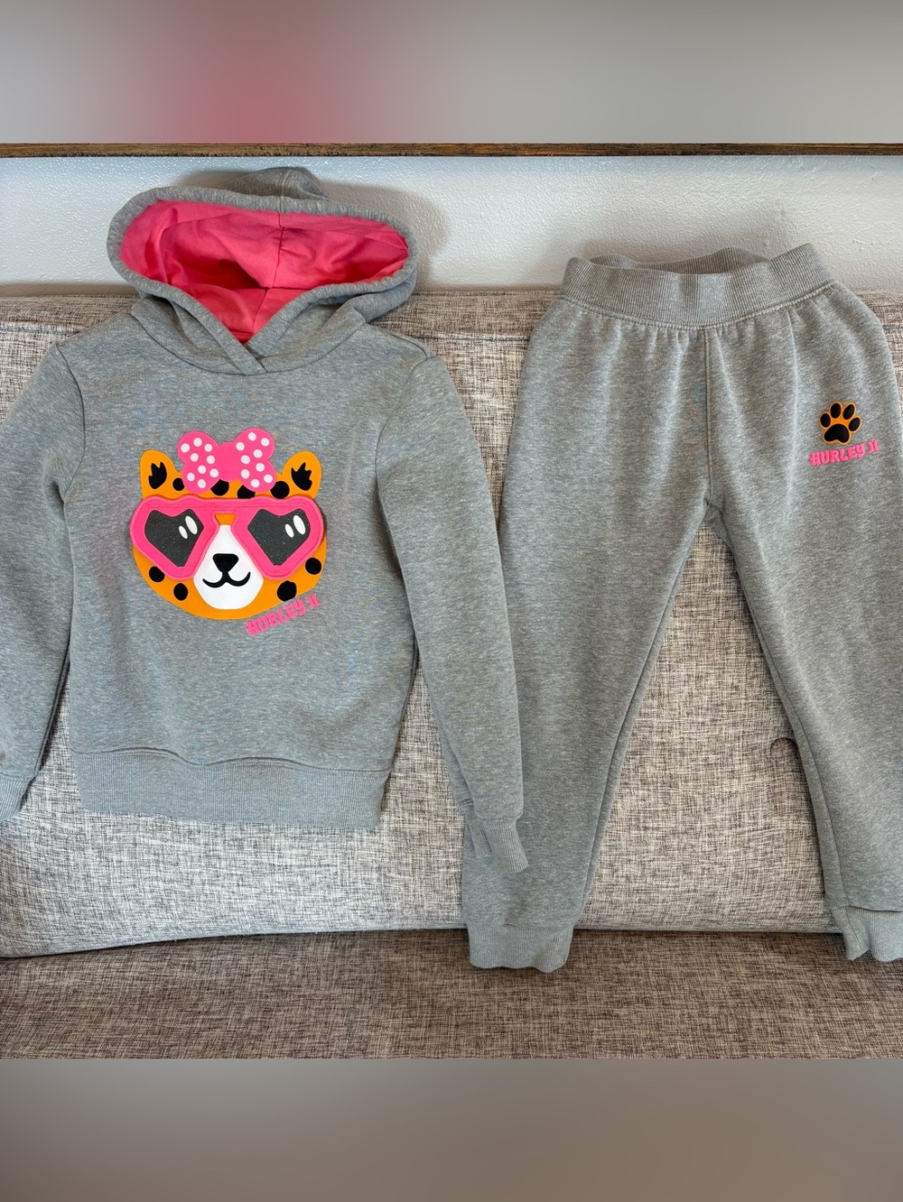 Hurley Gray Kids Hoodie & Joggers Set with Pink Cat